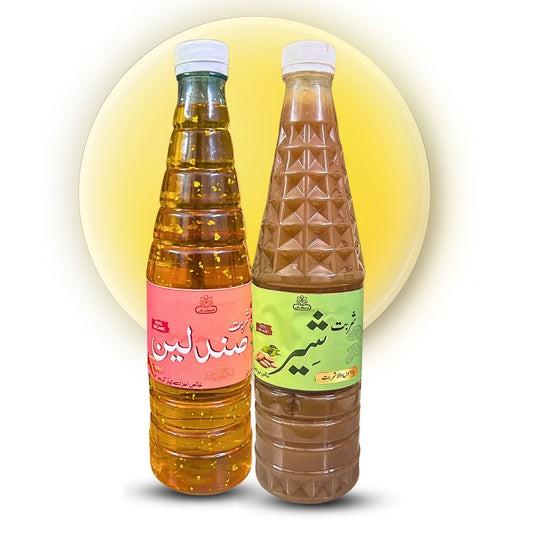Sharbat Sheer and Sandaleen Combo Pack – 1000ML Bottles

Traditional Homemade Sharbat Duo for Summer

Badam Sharbat and Sandalwood Sharbat with Silver Leaf

Sharbat pack of 2 with Tukham Balangu

Desi summer drink bundle with cooling benefits